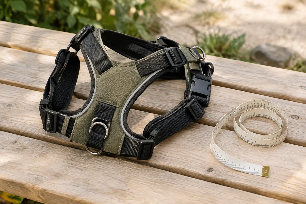 Harnais pour chien posé à plat avec sangles, boucles et anneaux visibles à côté d’un mètre ruban souple.