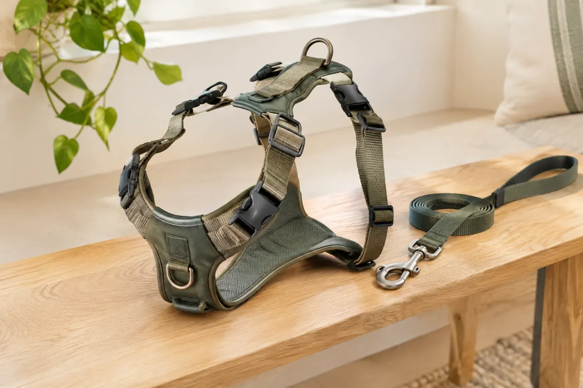 Harnais pour chien avec attaches frontale et dorsale, sangles réglables et laisse posée à côté.