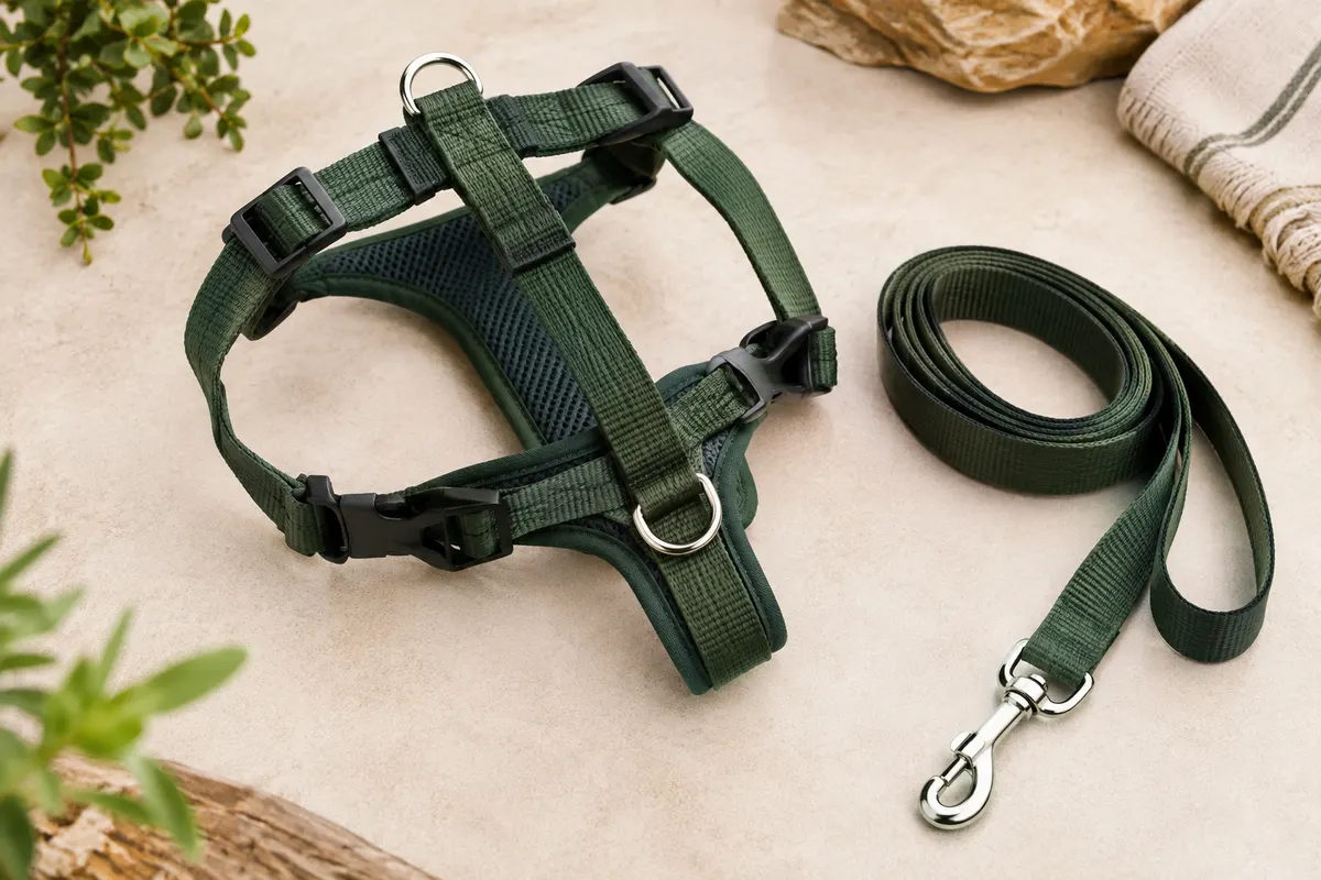 Harnais pour chien posé à plat, avec ses attaches dorsale et frontale visibles