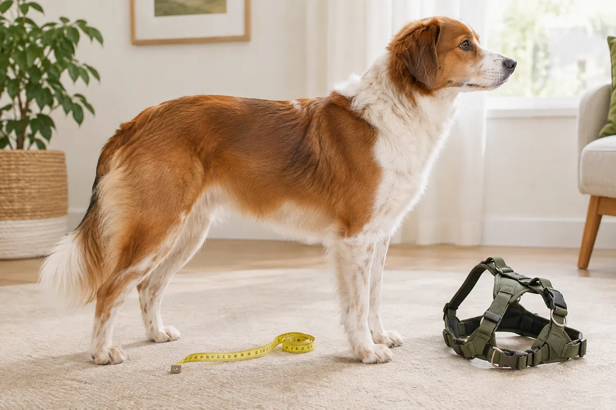 Chien moyen debout près d’un harnais et d’un mètre ruban souple pour illustrer la prise de mesures.