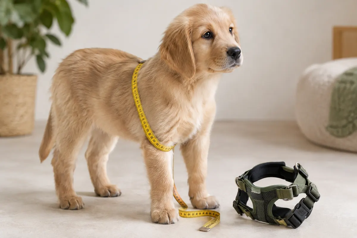 Chiot mesuré au niveau du poitrail près d’un harnais réglable posé au sol