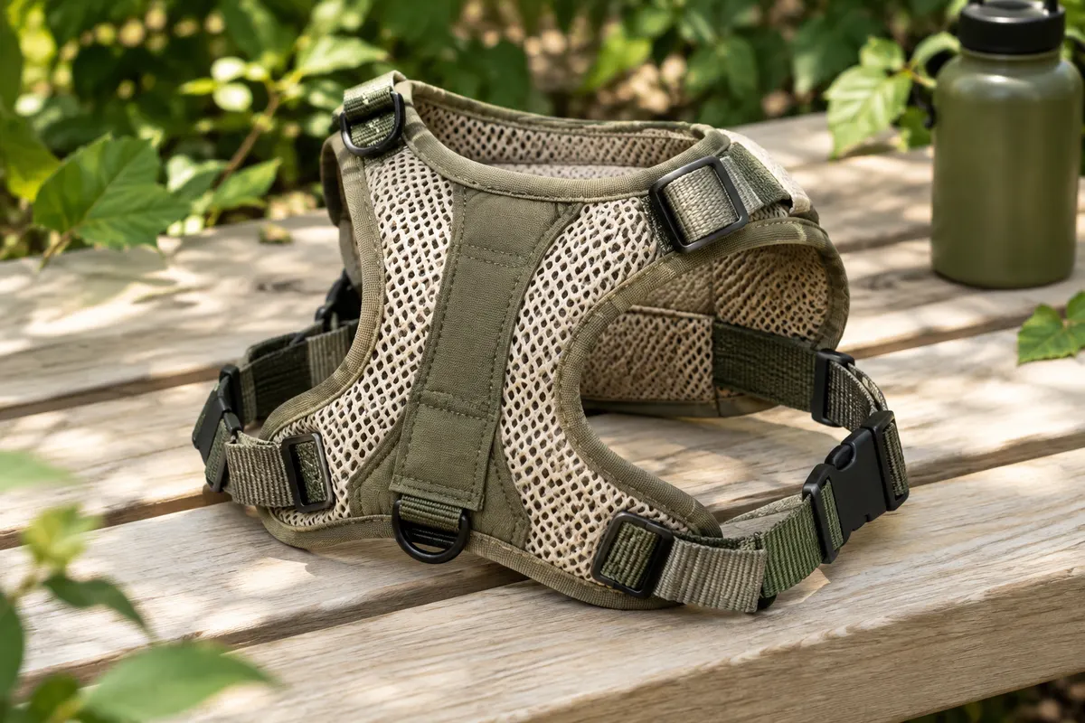 Harnais pour chien en mesh posé à plat, avec ses panneaux, sangles réglables, coutures et boucles visibles.