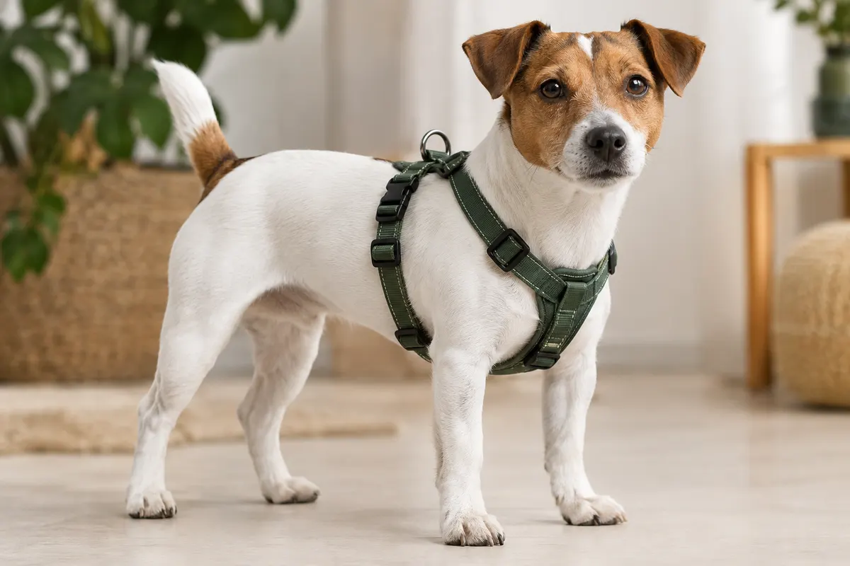 Petit chien portant un harnais léger, avec les sangles et l’attache dorsale bien visibles.