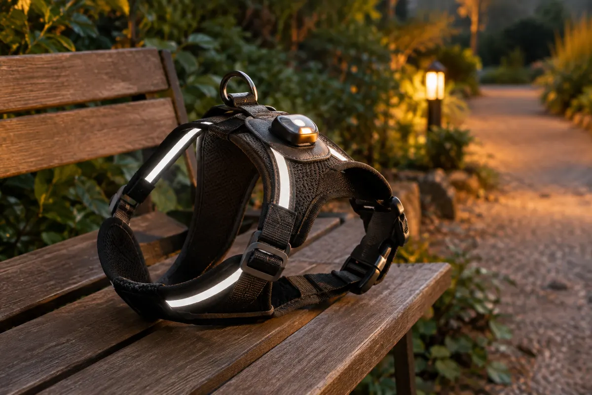 Harnais pour chien avec bandes réfléchissantes et module lumineux observé au crépuscule