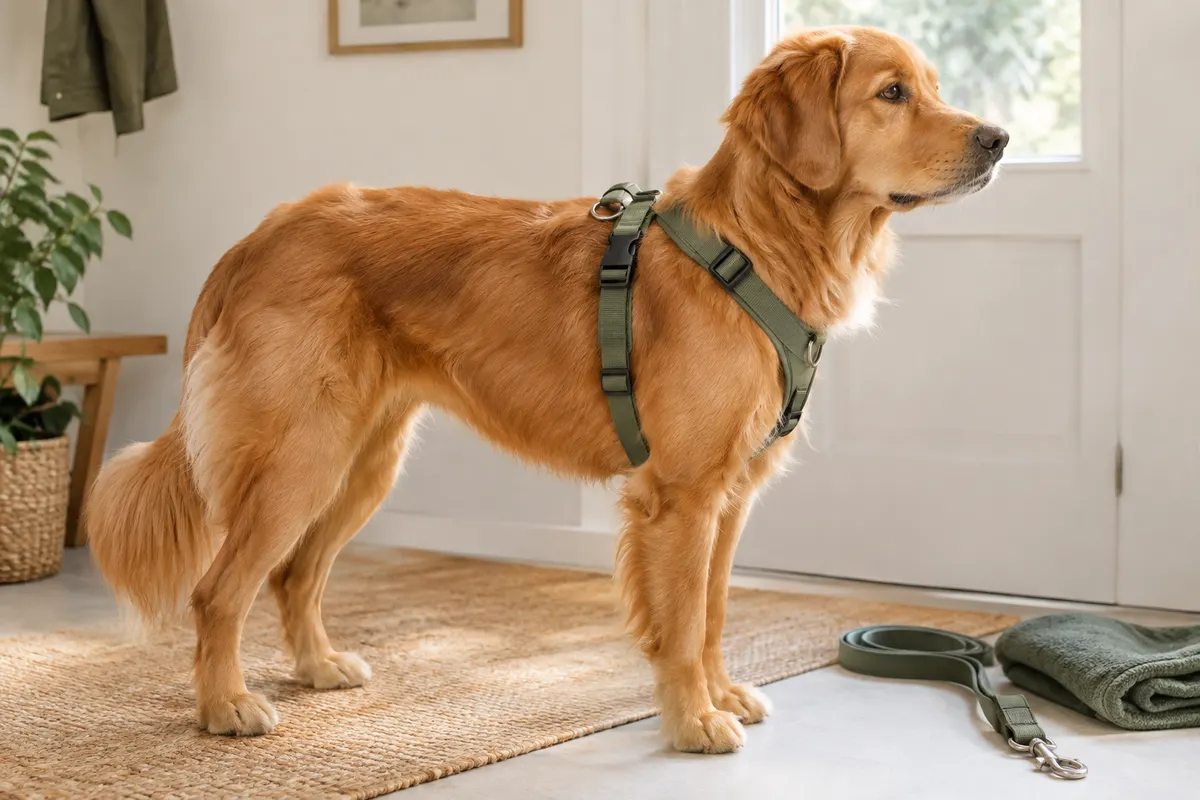 Chien portant un harnais bien positionné après une promenade, avec les sangles visibles sur le thorax.