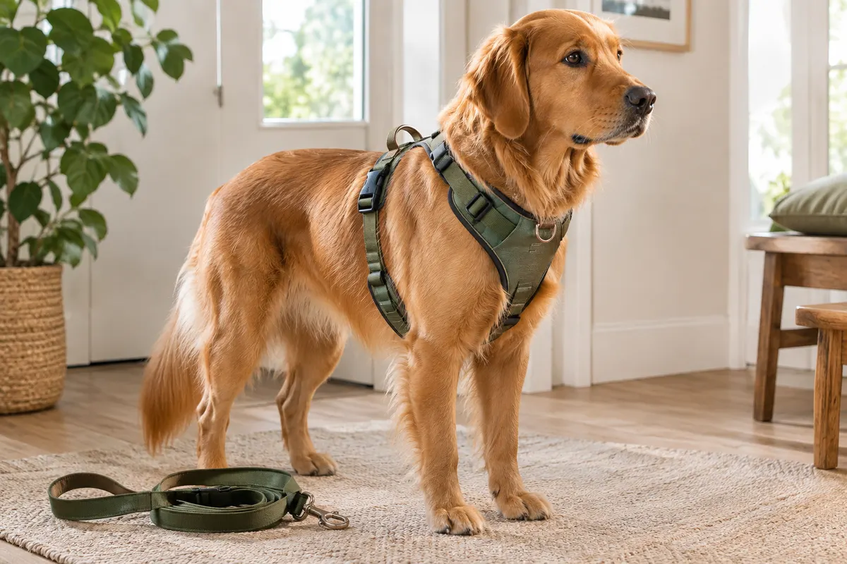 Chien debout dans une entrée, portant un harnais bien positionné avec les sangles visibles