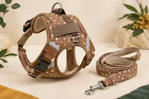 Harnais veste Aiitle marron-beige à pois, avec bandes réfléchissantes, maille texturée et laisse assortie.