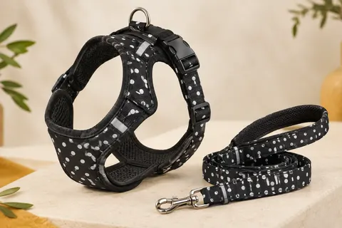 Harnais noir à pois en maille avec bandes réfléchissantes et laisse assortie sur fond ivoire.