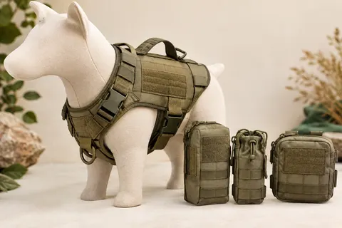 Harnais tactique kaki pour chien avec boucles réglables, poignées renforcées et pochettes amovibles