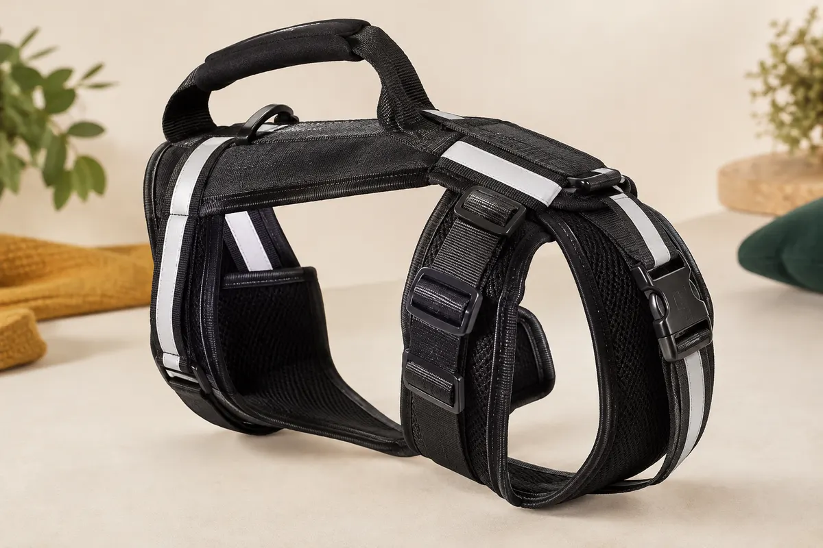 Harnais de levage noir et blanc pour chien, avec sangle réglable, poignée rembourrée et boucle