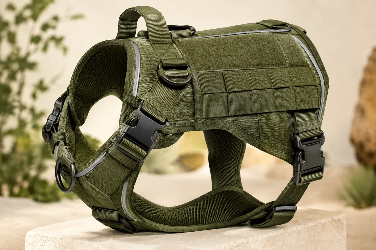 Harnais pour chien vert armée avec sangles réglables, anneaux en D, maille et bandes réfléchissantes