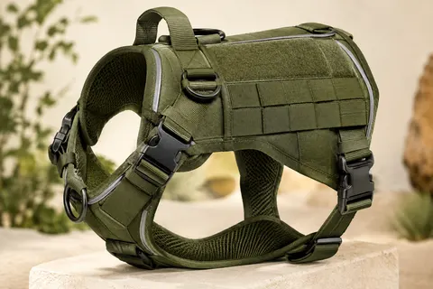 Harnais pour chien vert armée avec sangles réglables, anneaux en D, maille et bandes réfléchissantes