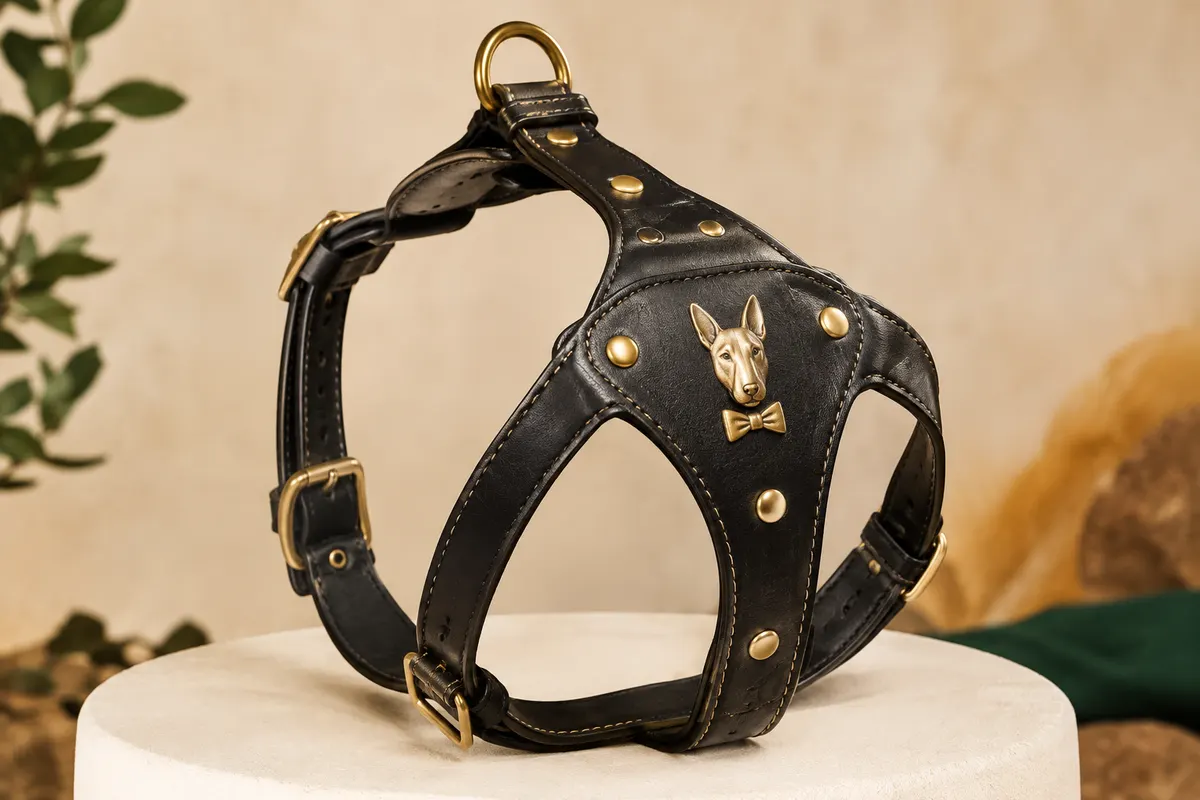 Harnais en cuir noir pour chien, décoré de clous dorés et d’un motif de tête de bullterrier avec un nœud.