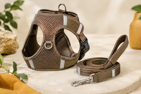 Ensemble moka pour chiot avec harnais en maille filet, bandes réfléchissantes et laisse assortie.
