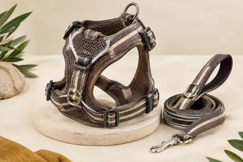 Harnais moka à rayures en maille avec sangles réglables, boucles et laisse réfléchissante