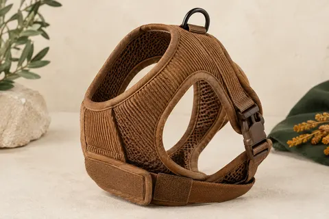 Harnais veste Curli brun en velours côtelé, avec maille aérée, réglage autoagrippant et boucle d’attache.