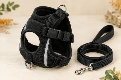 Harnais veste noir en maille avec bandes réfléchissantes, boucle rapide et laisse assortie sur fond clair