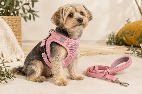 Harnais rose step-in en maille pour petit chien, avec bandes réfléchissantes et laisse assortie