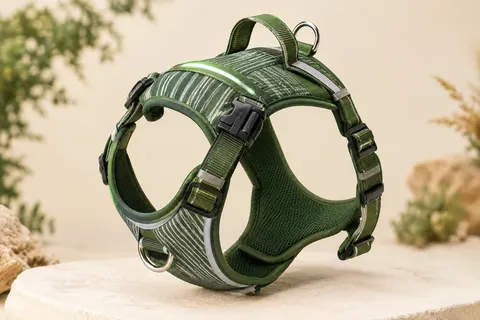 Harnais pour chien vert à motif rayé, avec LED, bandes réfléchissantes, sangles réglables et poignée rembourrée.