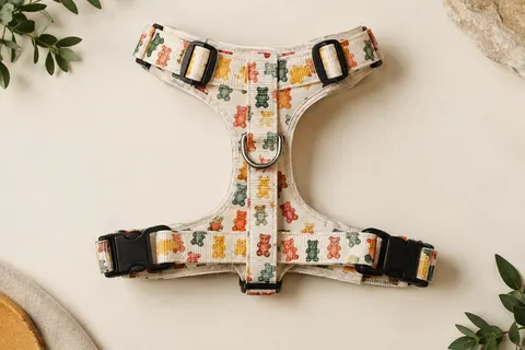 Harnais Dukier en H taille M à motif gummy bears, avec sangles réglables, boucle et anneau en zinc