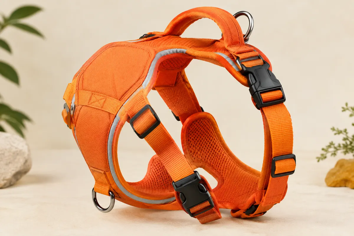 Harnais veste orange Eagloo taille L avec poignée dorsale, sangles réglables et anneaux métalliques.