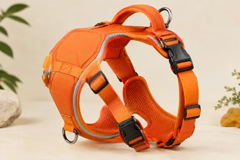 Harnais veste orange Eagloo taille L avec poignée dorsale, sangles réglables et anneaux métalliques.