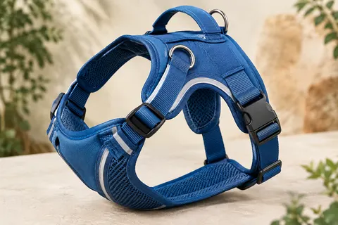 Harnais bleu en nylon pour chien, avec rembourrage, sangles réglables, poignée arrière et anneaux métalliques.