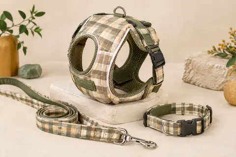 Harnais gilet à carreaux kaki et beige pour petit chien, accompagné d’un collier et d’une laisse assortis