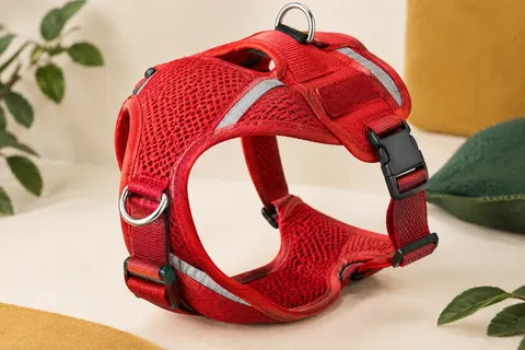Harnais rouge EzyDog en maille 3D avec sangles réglables, anneaux métalliques et bandes réfléchissantes