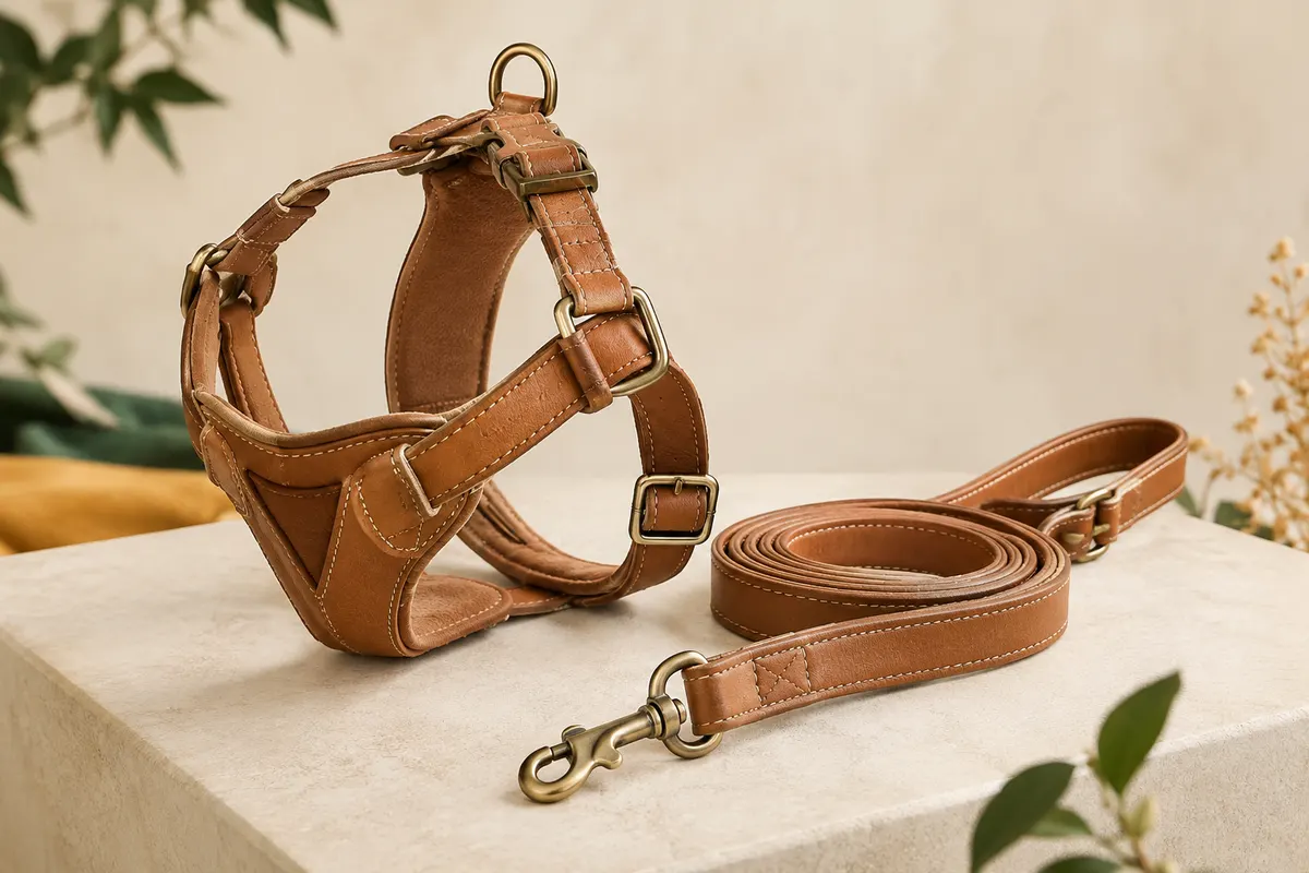 Harnais réglable marron clair pour petit chien, avec boucle métallique et laisse assortie
