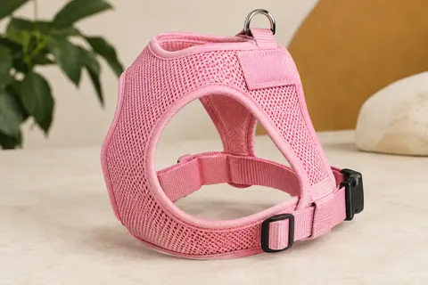 Harnais veste rose en mesh avec sangle réglable, fermeture à scratch et boucle, présenté sur fond clair