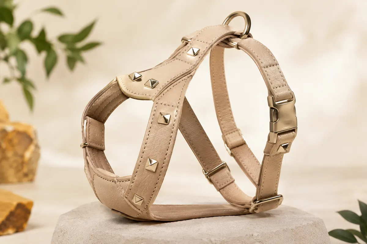 Harnais Ferplast Giotto Luxor en cuir beige avec boucle et détails métalliques pyramidaux