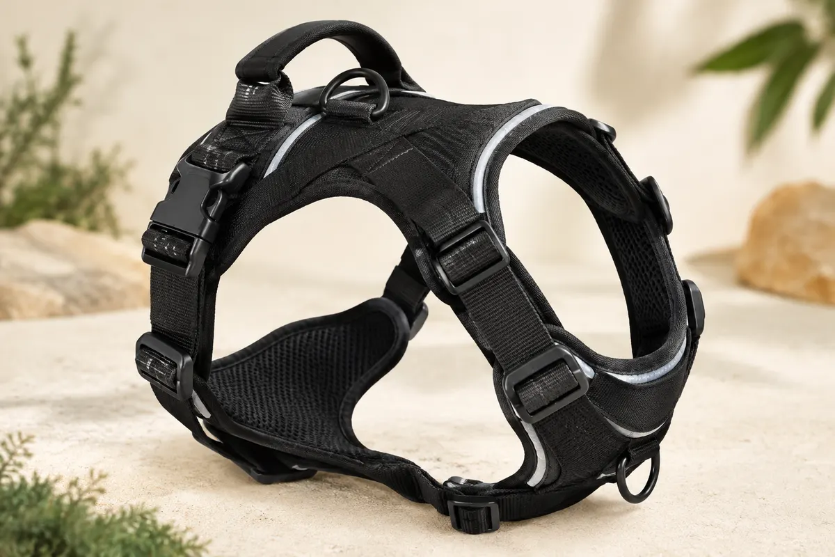 Harnais Ferplast noir rembourré avec poignée dorsale, boucles et sangles réglables présenté sur fond sable clair.