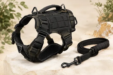 Harnais tactique noir Haapaw pour grand chien, avec bandes MOLLE, boucles réglables et laisse assortie