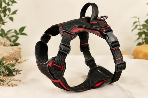 Harnais Halti noir et rouge pour chien, avec sangles réglables et épaules rembourrées