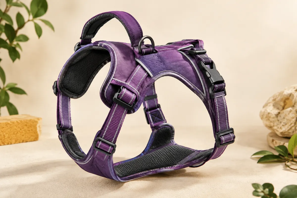 Harnais de promenade Halti violet taille L avec poignée doublée, boucles et coutures réfléchissantes.