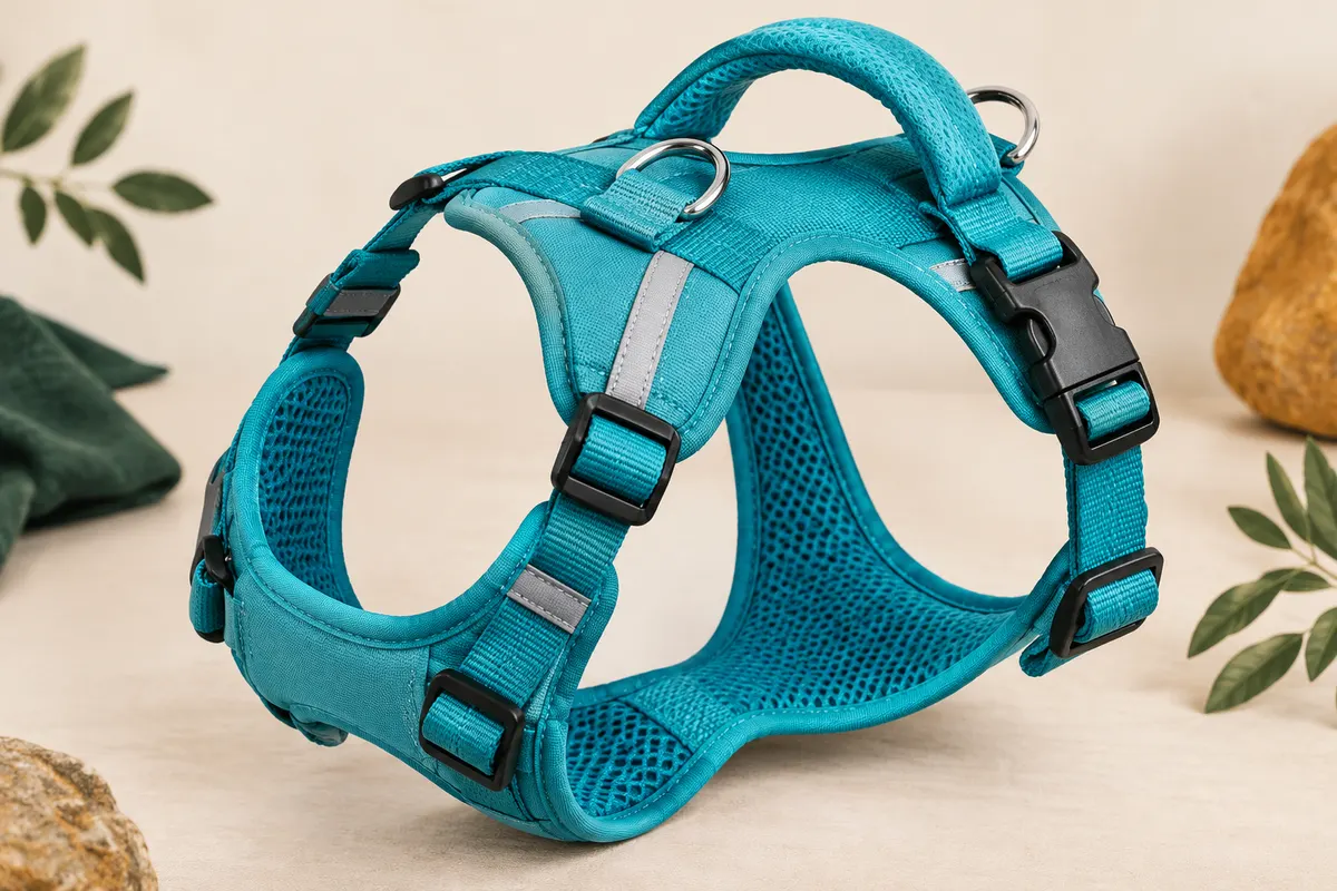 Harnais pour chien turquoise avec sangles réglables, poignée rembourrée, anneaux métalliques et bandes réfléchissantes