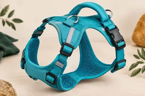 Harnais pour chien turquoise avec sangles réglables, poignée rembourrée, anneaux métalliques et bandes réfléchissantes