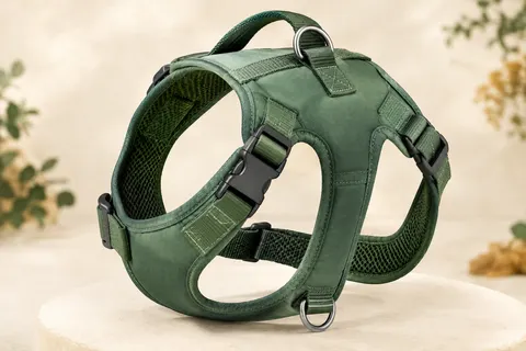 Harnais HEELE vert uni pour chien, avec sangles réglables, anneaux métalliques et poignée supérieure.