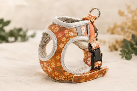 Harnais veste XS en maille nylon à fleurs orange, avec clip, réglage velcro et anneaux en D