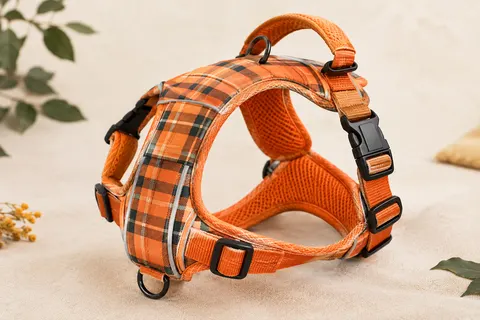 Harnais Huntboo orange à motif plaid avec poignée rembourrée, boucles réglables et détails réfléchissants