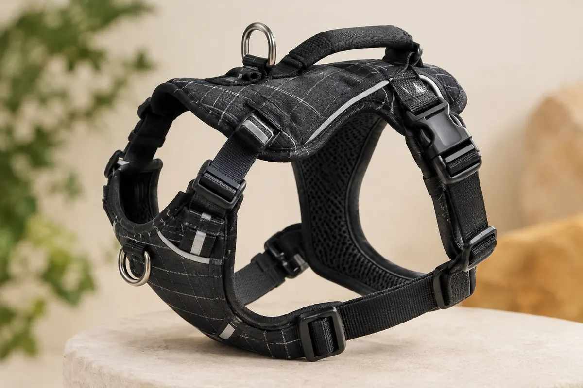 Harnais Huntboo noir à carreaux avec poignée, boucles réglables et éléments réfléchissants