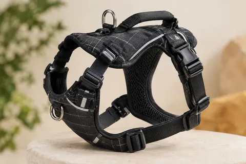 Harnais Huntboo noir à carreaux avec poignée, boucles réglables et éléments réfléchissants