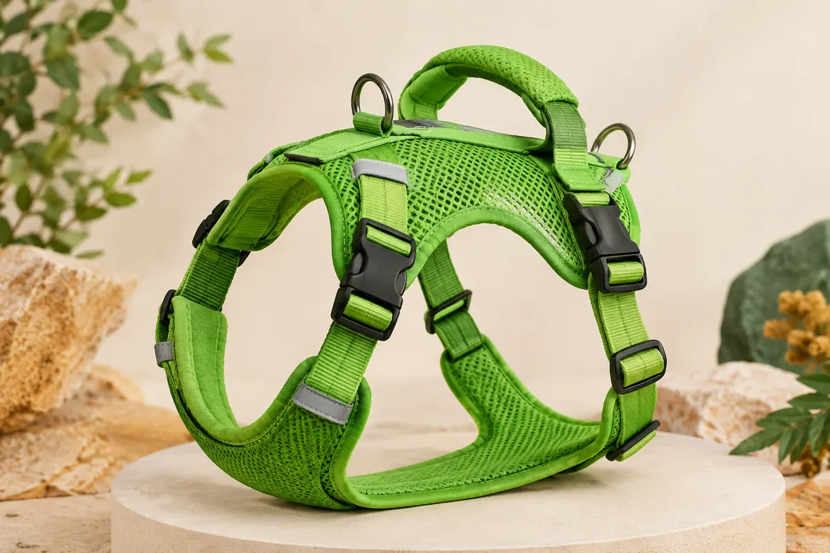 Harnais veste vert vif avec sangles réglables, boucles rapides, poignée rembourrée et attaches de laisse