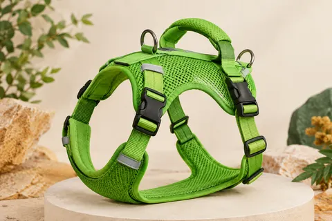 Harnais veste vert vif avec sangles réglables, boucles rapides, poignée rembourrée et attaches de laisse