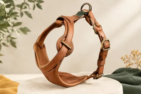 Harnais pour petit chien en cuir cognac avec coutures rondes, boucle et réglages visibles sur fond ivoire.