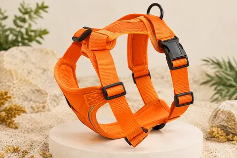 Harnais pour chien HUNTER orange en polyester avec sangles réglables et boucle verrouillable.