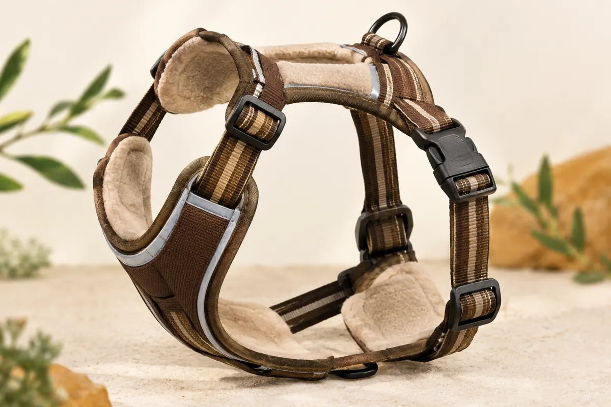 Harnais norvégien marron en nylon, avec rembourrage en polaire et bandes réfléchissantes