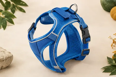 Harnais-gilet Joytale bleu en maille polyester avec bandes réfléchissantes et boucle rapide visibles.