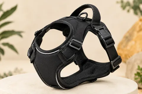 Harnais norvégien noir pour chien avec poignée supérieure, boucle et éléments réfléchissants sur fond clair.